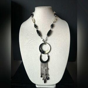 Chico's Lele Beaded Black And White Tassel Pendant Statement Bohemian Necklace